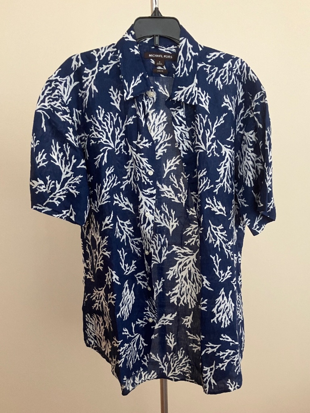 MICHAEL KORS Mens Small Slim Fit Coral Print Short Sleeve Button-Down Shirt Blue